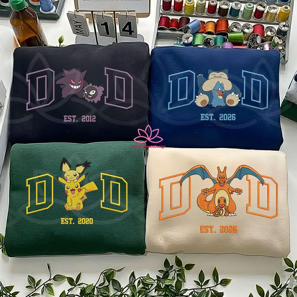 Custom PokaDad Embroidered Sweatshirt with Personalized Anime Characters for Fathers Day Gift