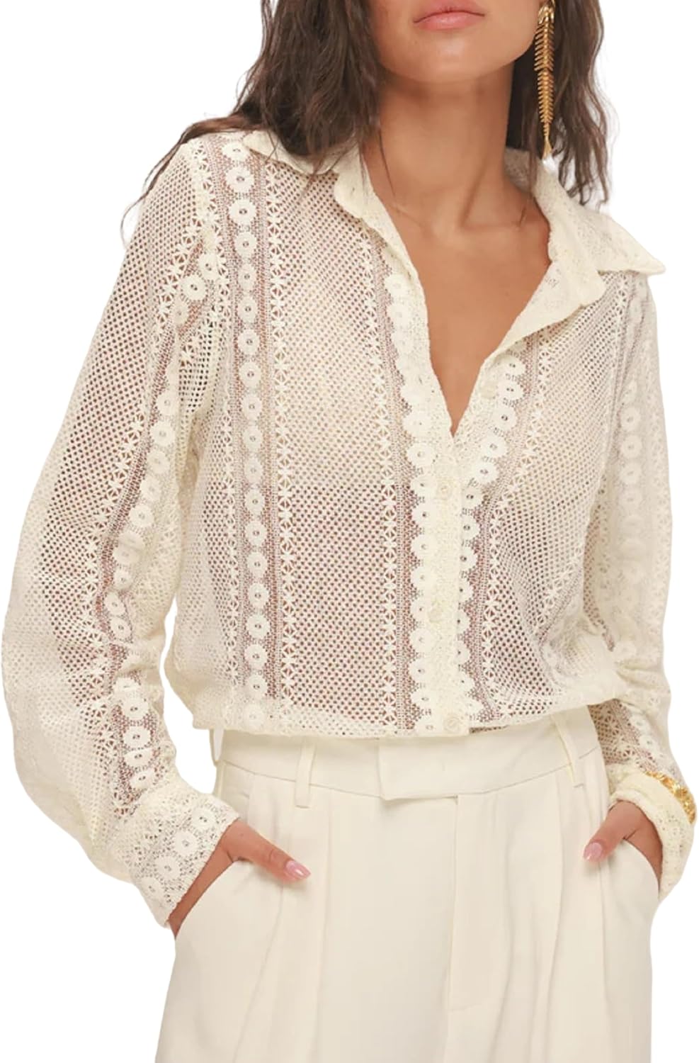 Women Long Sleeve Floral Lace Blouse Button Down Sheer Collared Shirt Embroidered Mesh Going Out Blouse Top
