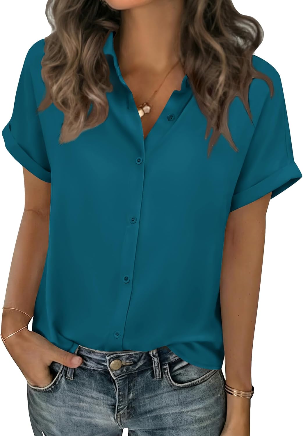 Short Sleeve Summer Tops for Women Casual Button Down Shirts Solid/Striped Business Work Blouses
