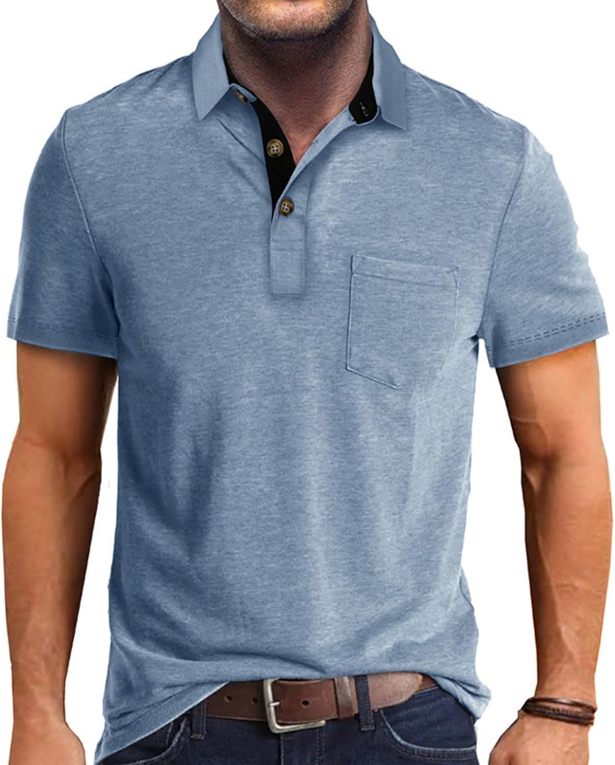 Men's Casual Polo Shirts Classic Button Basic Long Sleeve Shirt Solid Color Cotton Tees Stylish Tops