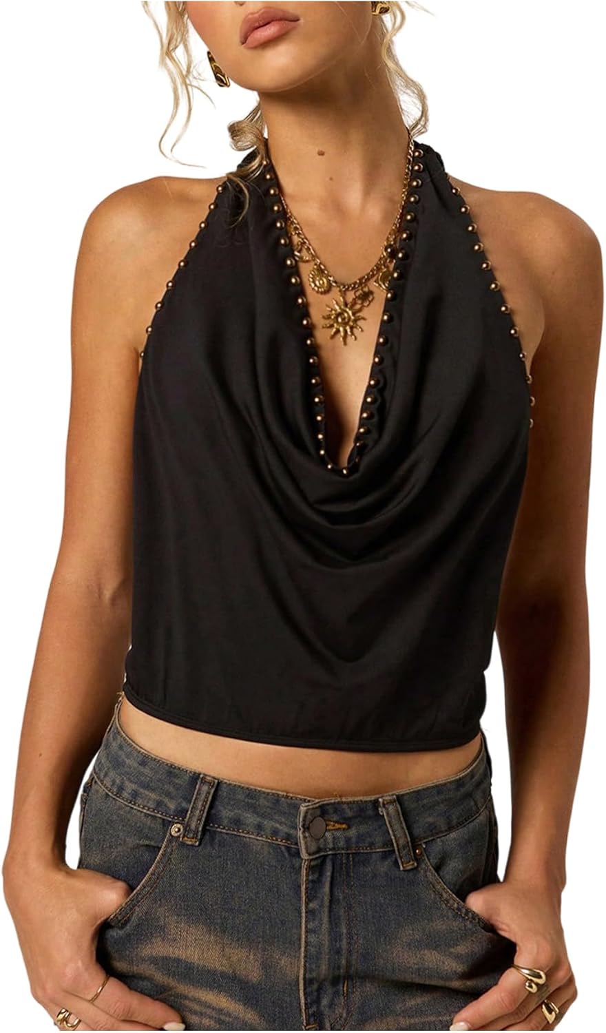 Women's Metal Draped Halter Top Studded Punk Y2K Sleeveless Crop Tank Tops Summer