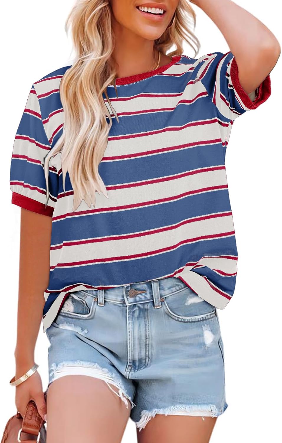 Womens Summer Tops 2026 Striped Color Block Short Sleeve Fashion T-Shirts Crewneck Casual Loose Basic Tee Blouses