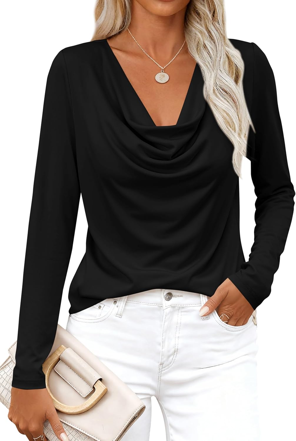 Womens Spring Tops 2026 Dressy Cowl Neck Long Sleeve Shirts Loose Business Casual Blouses Teacher Tunic Top