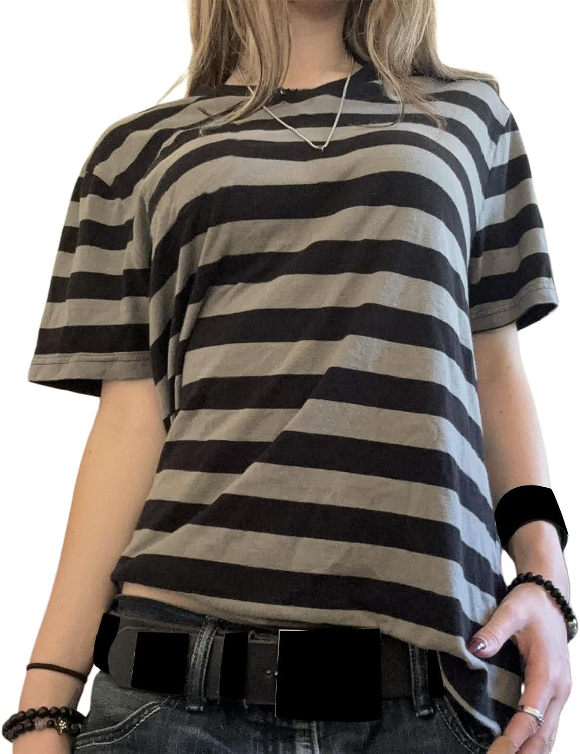 Women Y2k Gothic Striped Tees Short Sleeve Crew Neck Casual Loose Grunge Top Aesthetic Emo Clothes