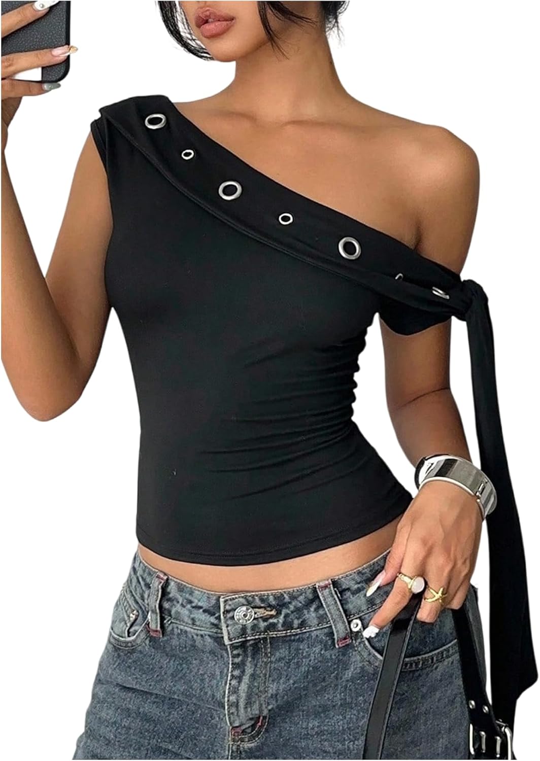 Women's One Off The Shoulder Tops Tie Knot Slim Fit Going Out Y2K Punk Crop Top