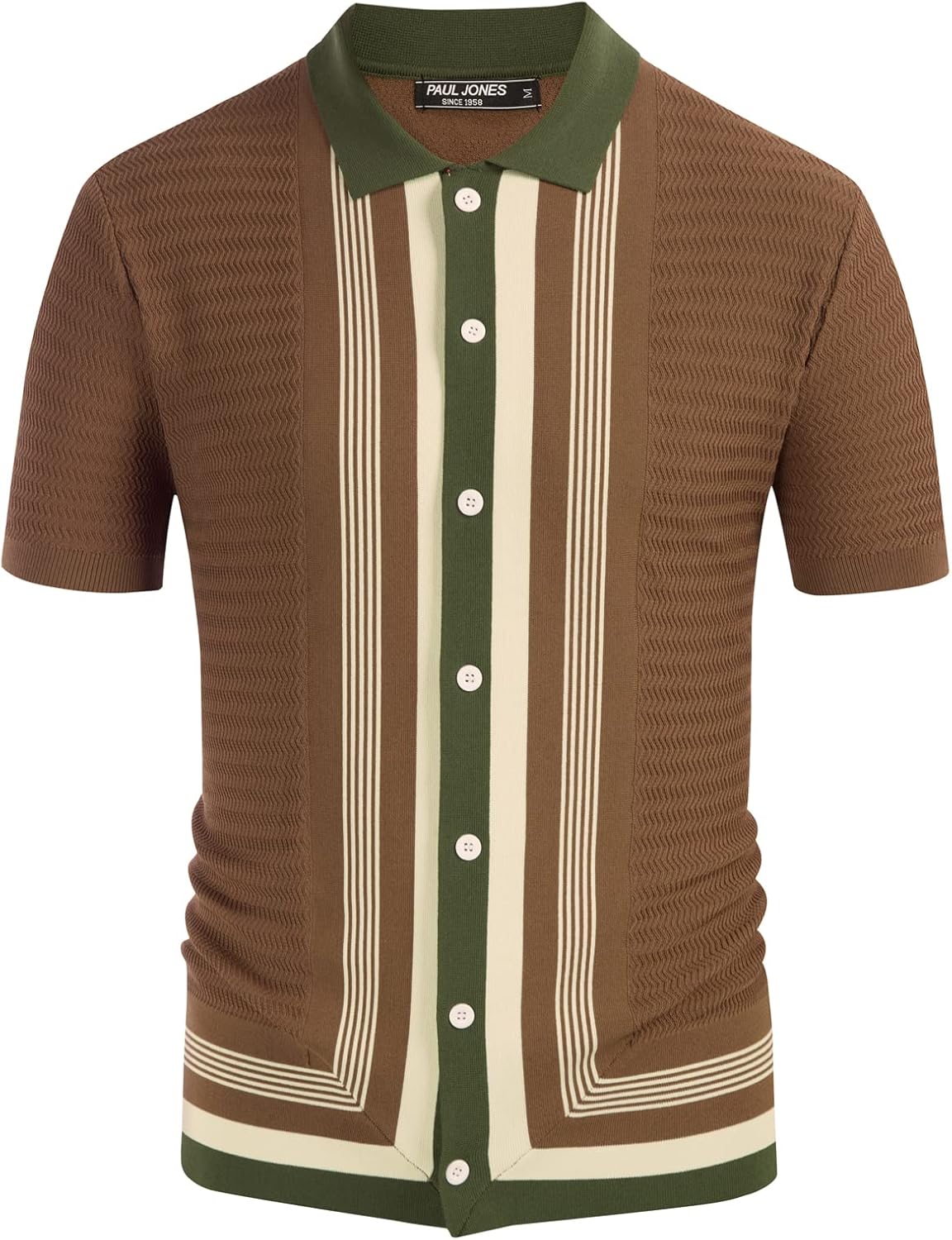 Men's Vintage Stripe Knit Polo Shirts Short Sleeve Stylish Button Down Cardigan Sweater