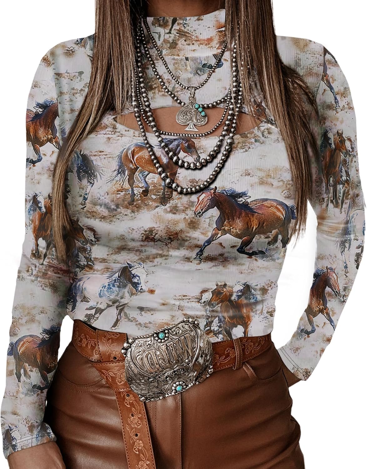 Womens Long Sleeve Shirts Western T-Shirt Slim Fit Hollow Out High Neck Y2k Tops Tee