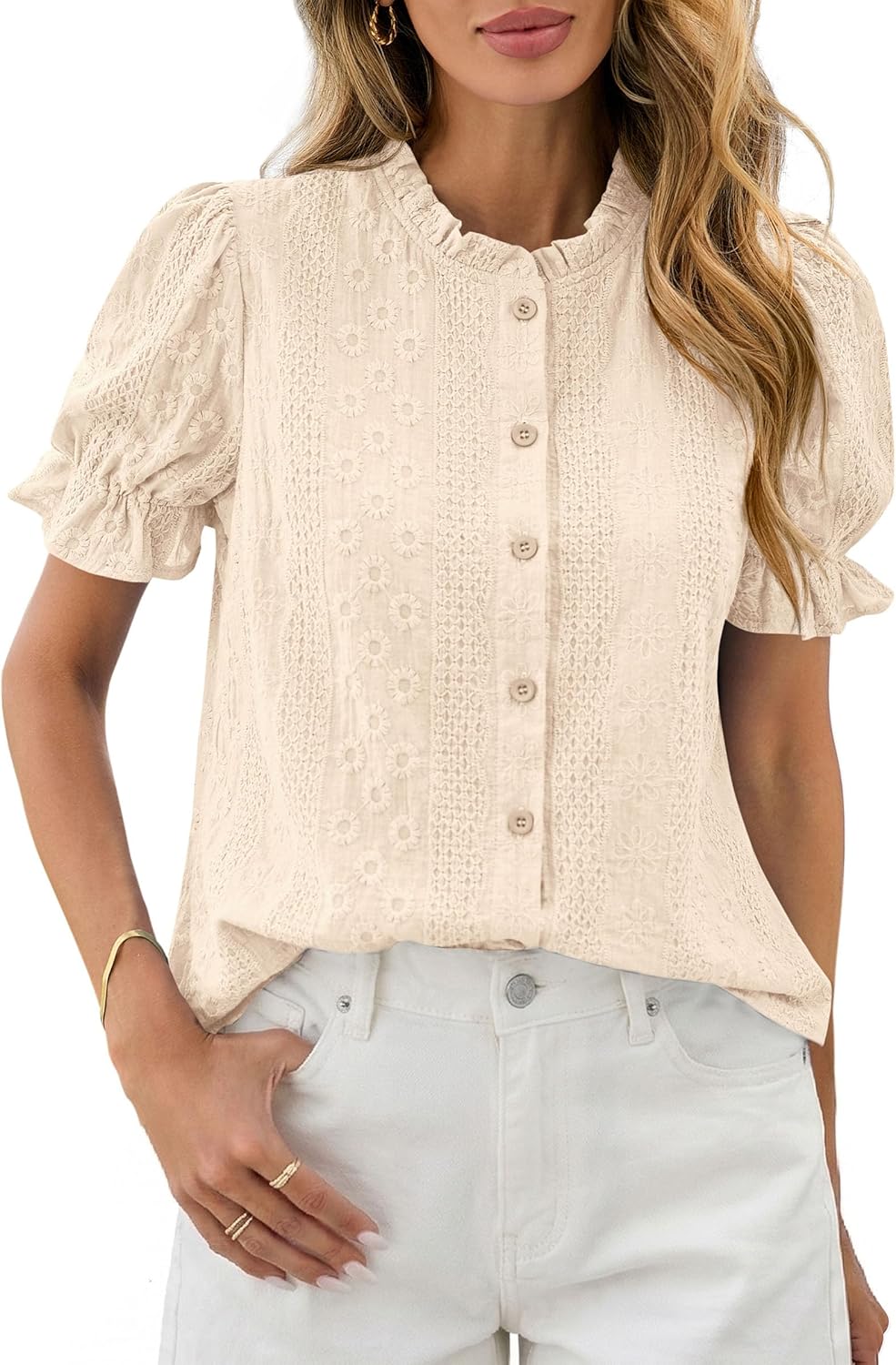 Womens Puff Short Sleeve Tops 2026 Summer Spring Button Down Boho Embroidered Cute Blouse Dressy Casual Shirts