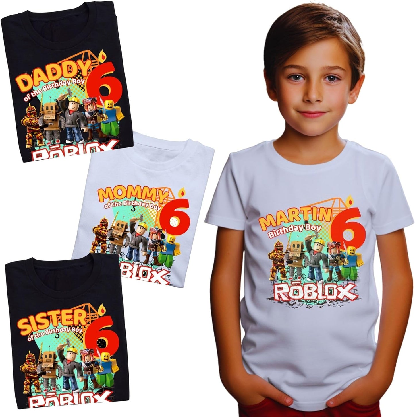 Custom Birthday Family Matching Shirts, Family Personalized Shirts, Robux Characters T-Shirts, Video Games t-Shirt, Blocks Shirt, Camiseta personalizada de Video Juegos White