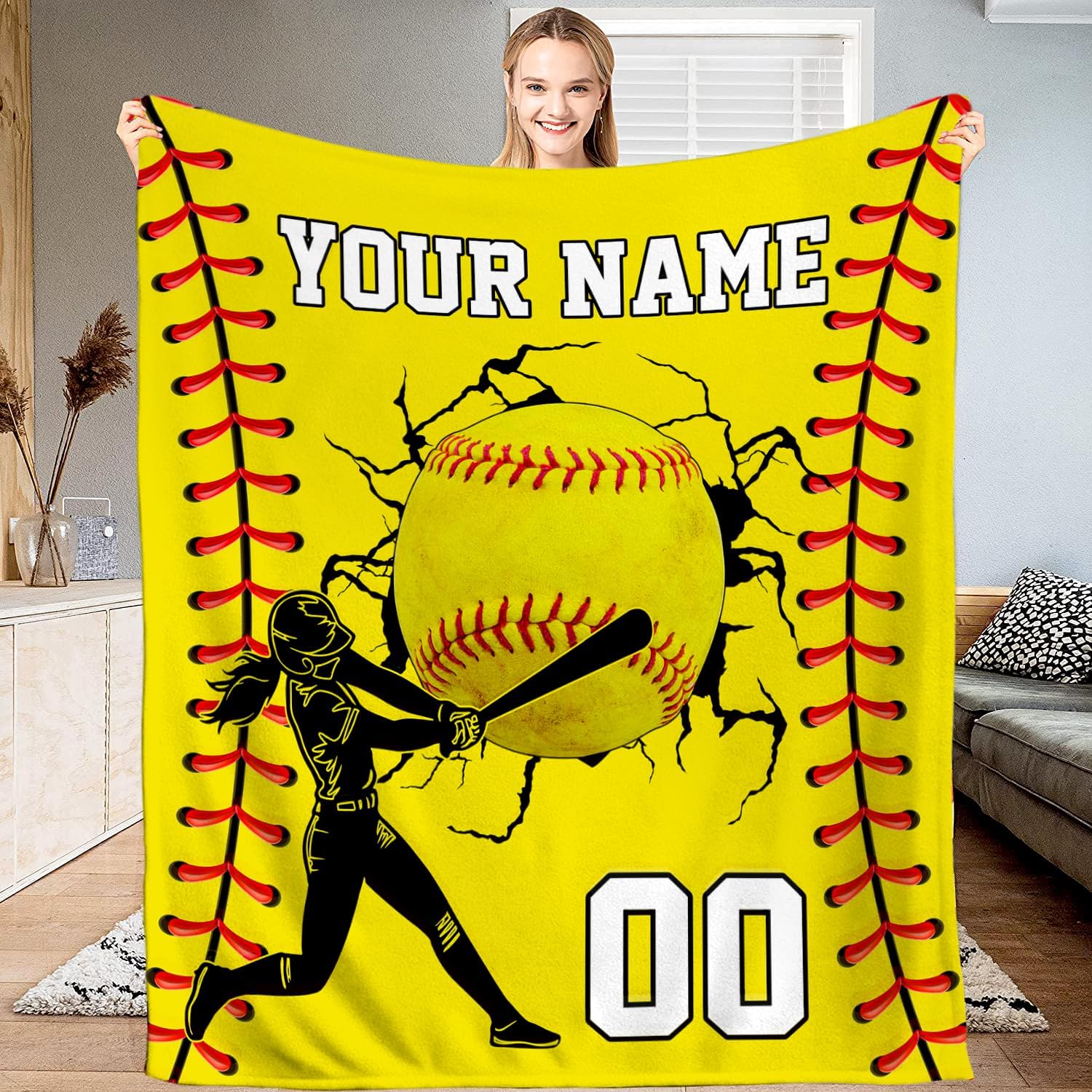 Personalized Softball Blanket with Name & Number – Custom Softball Throw Blanket for Players, Teams & Fans, Ultra-Soft Fluffy Fleece, Sports Gift (Softball Girl)