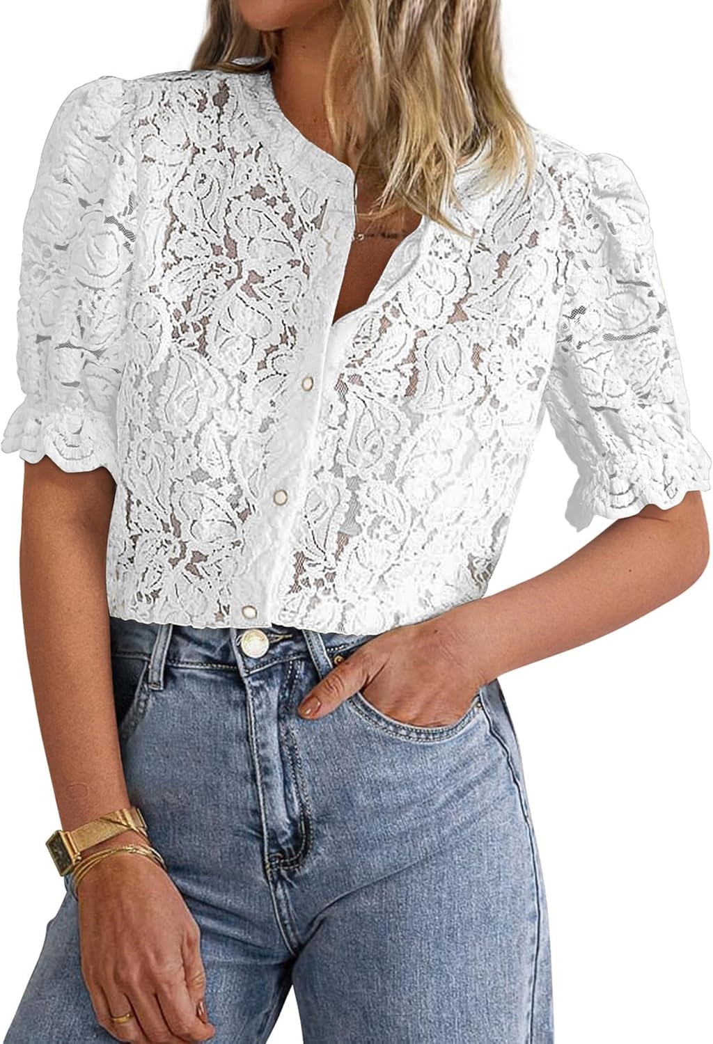 Womens 2026 Spring Lace Tops Short Puff Sleeve Casual Dressy Blouses Eyelet Crew Neck Button Down Shirts