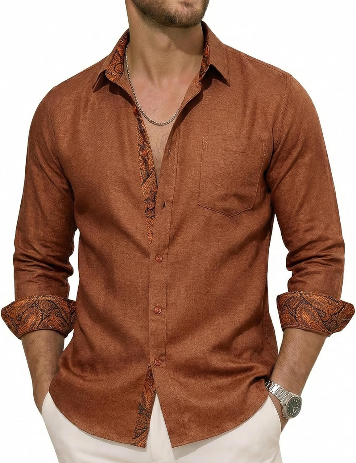 Mens Linen Shirts Textured Contrast Long Sleeve Cotton Casual Button Down Shirt Summer Beach Wedding Pocket