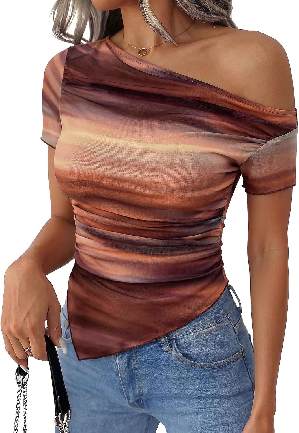 Womens Summer Off The Shoulder Tops 2026 Spring Short Sleeve Mesh Tie Dye Shirt Ruched Asymmetrical Y2k Clothes