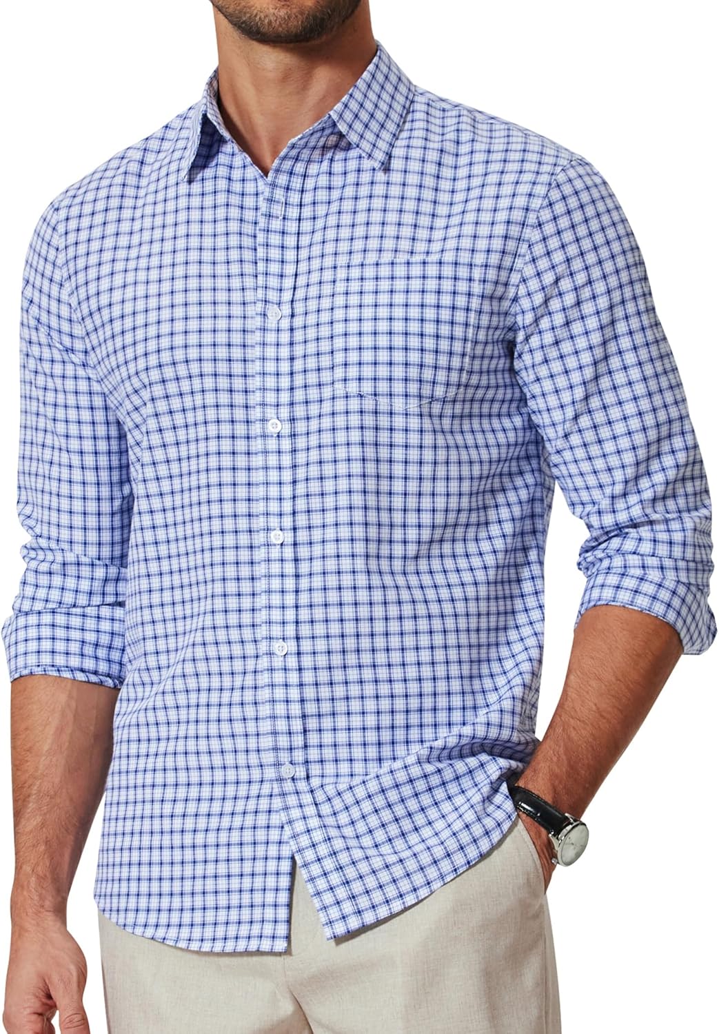 Mens Button Down Shirt Cotton Long Sleeves Dress Shirt Business Casual Plaid Shirt