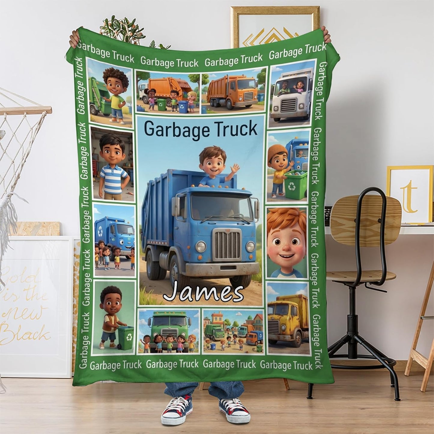 Personalized Trash Truck Blanket for Boys with Name, Custom Garbage Truck Recycling Theme Name Blanket, Cute Trash Truck Nursery Decor, Soft Plush Toddler Throw, Unique Birthday Gift for Son