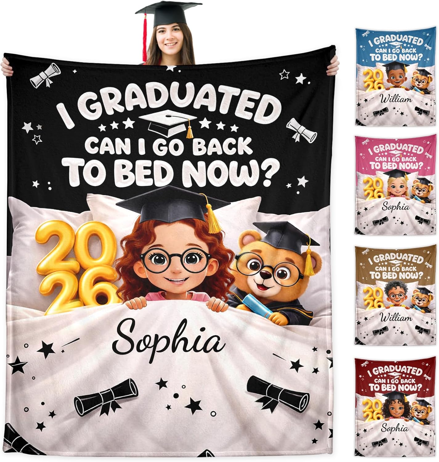 WFR Funny Graduation Blanket with Custom Cartoon Character, Personalized Class of 2026 Gifts I Graduated So Can I Go Back to Bed Now Throw Blanket, Senior Graduation Gift for Daughter Son Boys Girls
