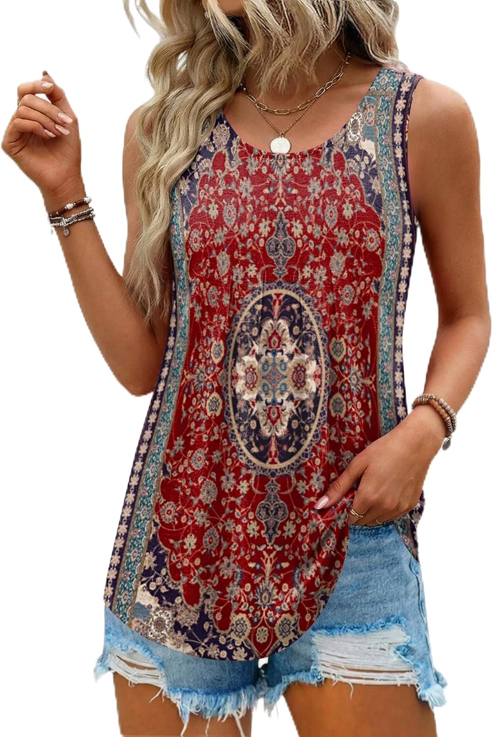 Womens Tank Tops Sleeveless Pleated Crew Neck Summer Tunic Tops Dressy Loose Fit Business Casual Blouses 2026