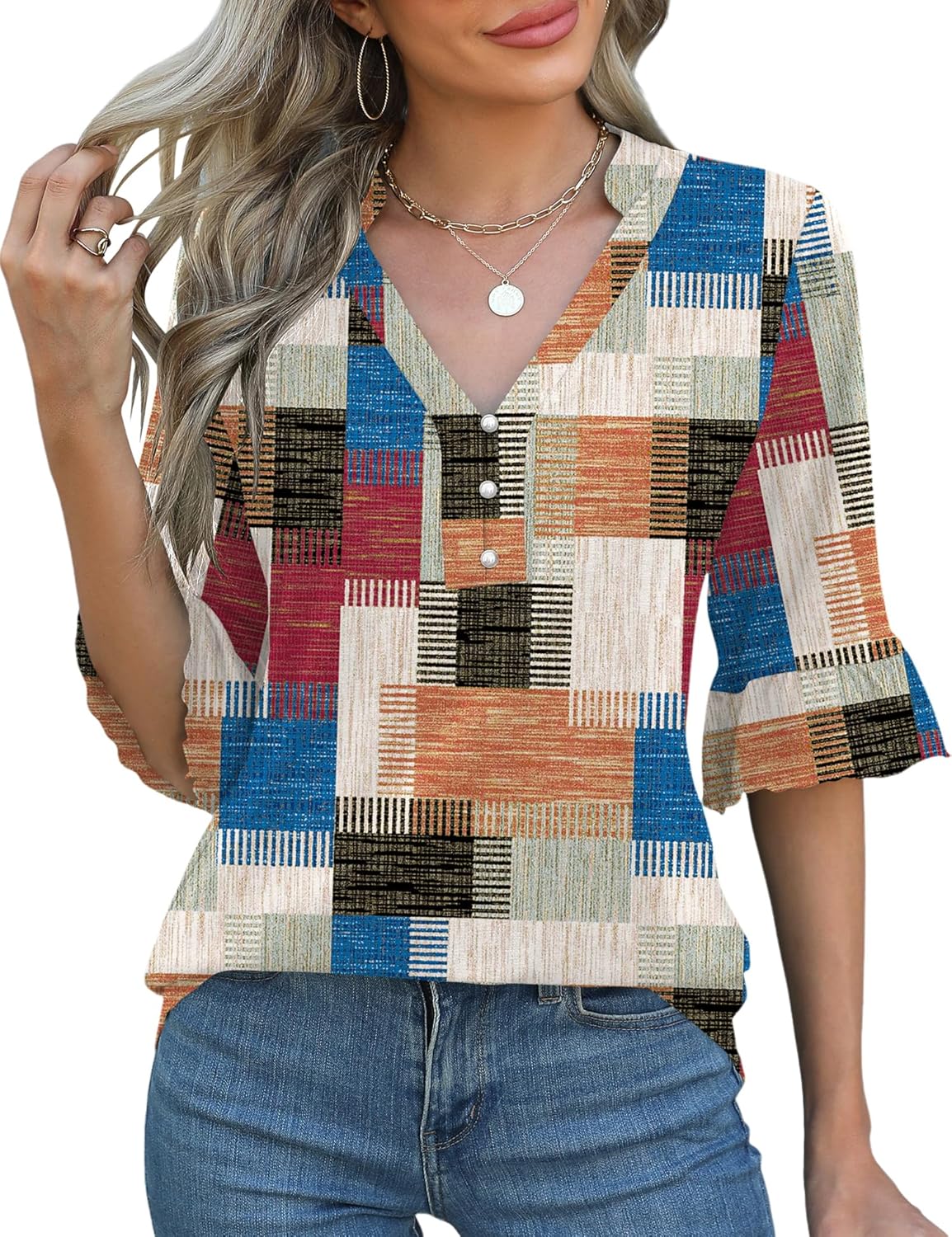 Womens 3/4 Length Sleeve Blouses Ruffle Cuffs V Neck Button Down Shirts Dressy Flowy Tunic Tops