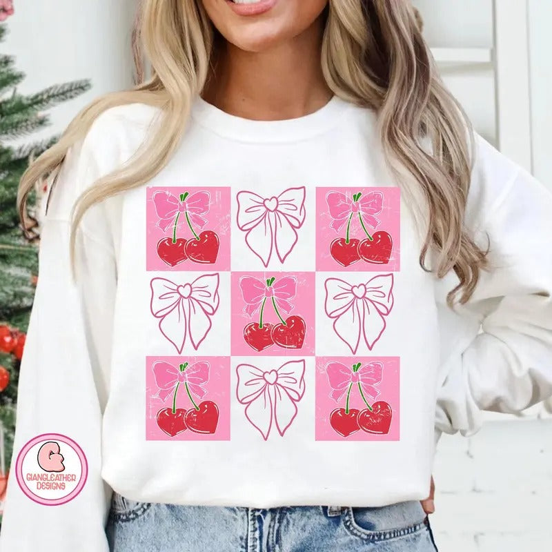 Checked Cherry coquette Sweatshirt, Love you cherry much Sweatshirt, pink valentine coquette Sweatshirt, valentine Sweatshirt