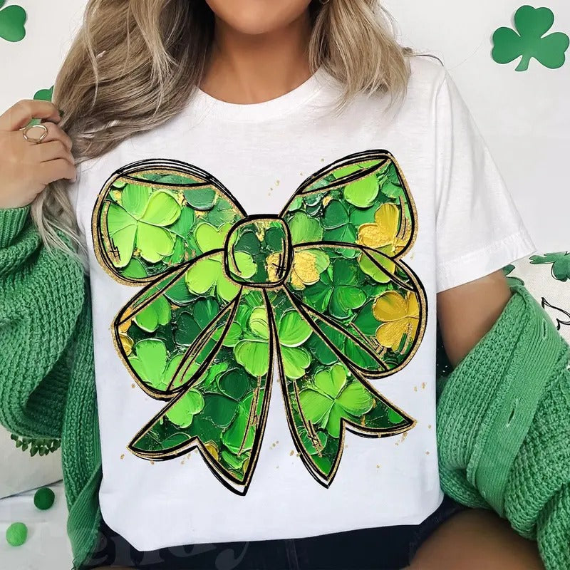 Coquette St Patrick's Day Bow Glitter T-Shirt, Coquette St Patty's Day T-Shirt, Lucky Shamrock Brushstroke Bow T-Shirt, Irish Casual Comfort