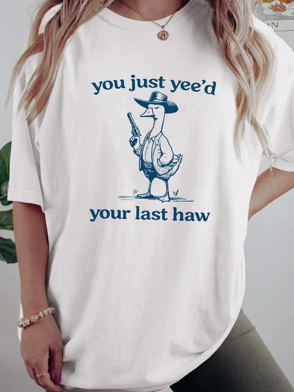 Duck & Letter  Drop Shoulder  T Shirts, Casual Half Sleeve Round Neck T-Shirt, Women's Top for Daily Wear, Graphic Tees, T Shirts for Women, Tops for Women, Black Girl Outfits Cotton Printed