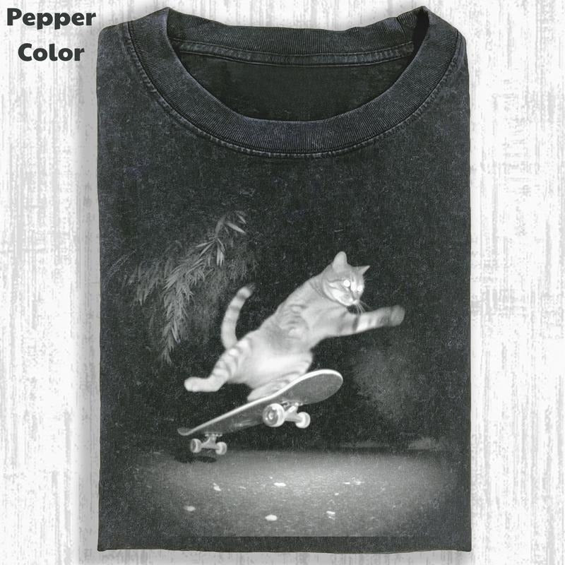 Funny Animal Vintage Graphic Tee, Skate Cat T-Shirt, Cat Shirt, Unisex Meme Cringe Funny Shirt, Menswear Womenswear Streetwear Cotton Comfort