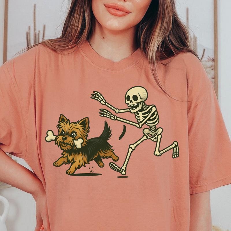 Funny Skeleton Chasing Yorkie Dog Halloween T-Shirt | Spooky Graphic Tee Comfort Colors Style