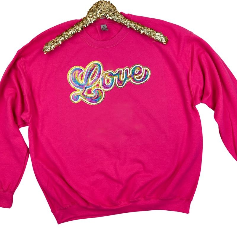 Holographic LOVE Sequin Patch Sweatshirt -- HOT PINK