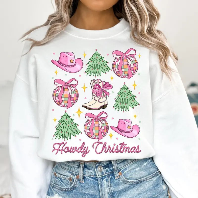 Howdy Christmas, Pink Western Cowgirl Shirt, Coquette Christmas Bow, Merry Christmas Western Cowgirl Sweater
