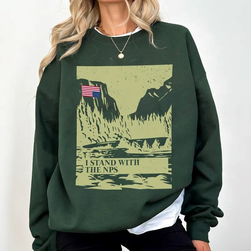 I Stand With The NPS T-Shirt, National Park Support Sweatshirt, Nature Conservation, Yosemite Upside Down Flag, Stand With Park Rangers Shirt Casual Cotton