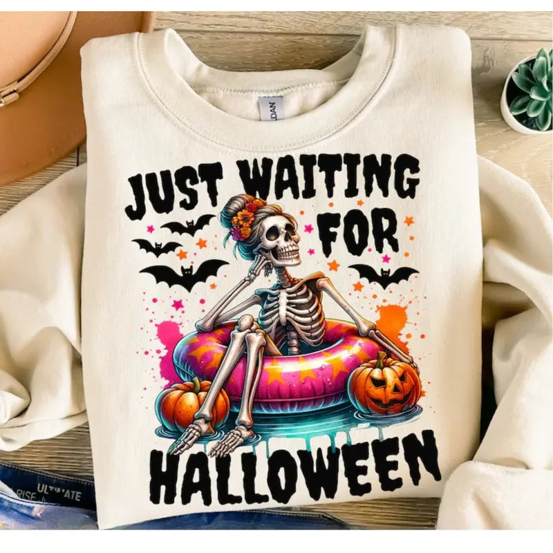 Just Waiting for Halloween, Funny Halloween T-Shirt DRG, Spooky Summer Halloween Sublimation Sweatshirt DRG, Skeleton Mom, Skeleton T-Shirt