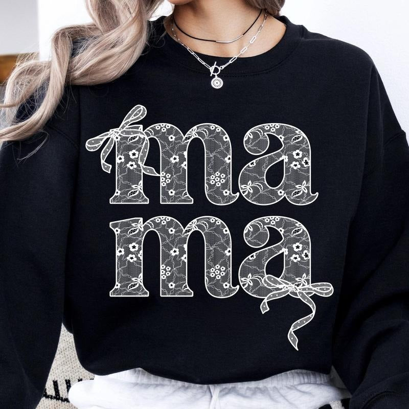 Lace Mama Coquette Bow Tee, Mama Sweashirt, Floral Mama Chinoiserie Shirt, Mothers Day Gift, Gift for Mom, Lace Coquette Bow Tee