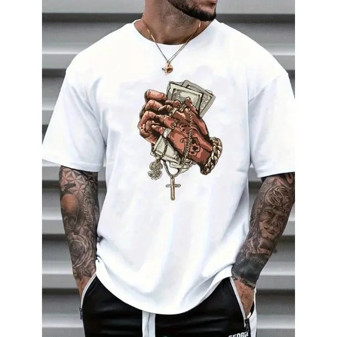 Men's Summer Casual Hand Gesture Cross Print Short Sleeve T-Shirt Made In USA