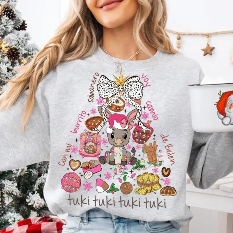 Mi Burrito Sabanero Mexican Shirt, Feliz Navidad Coquette Christmas, Tuki Tuki Donkey Latino Xmas Tee, Chocolate abuelita Cotton Fabric Knit Tshirt