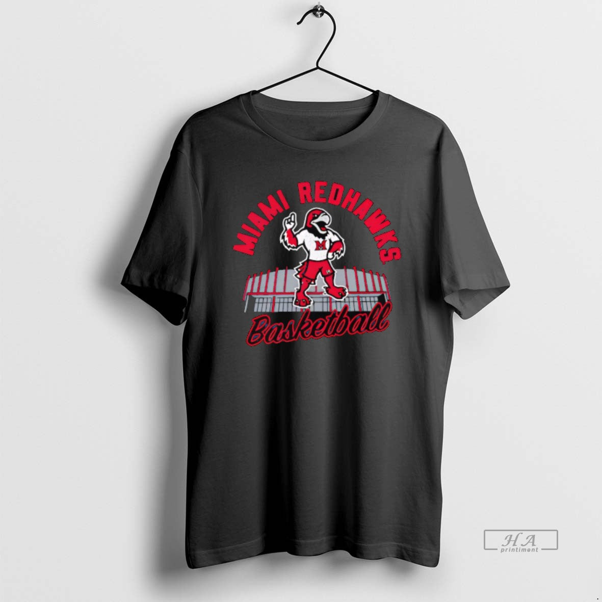 Official Miami Redhawks Mens Basketball Mascot Pointing To The Sky