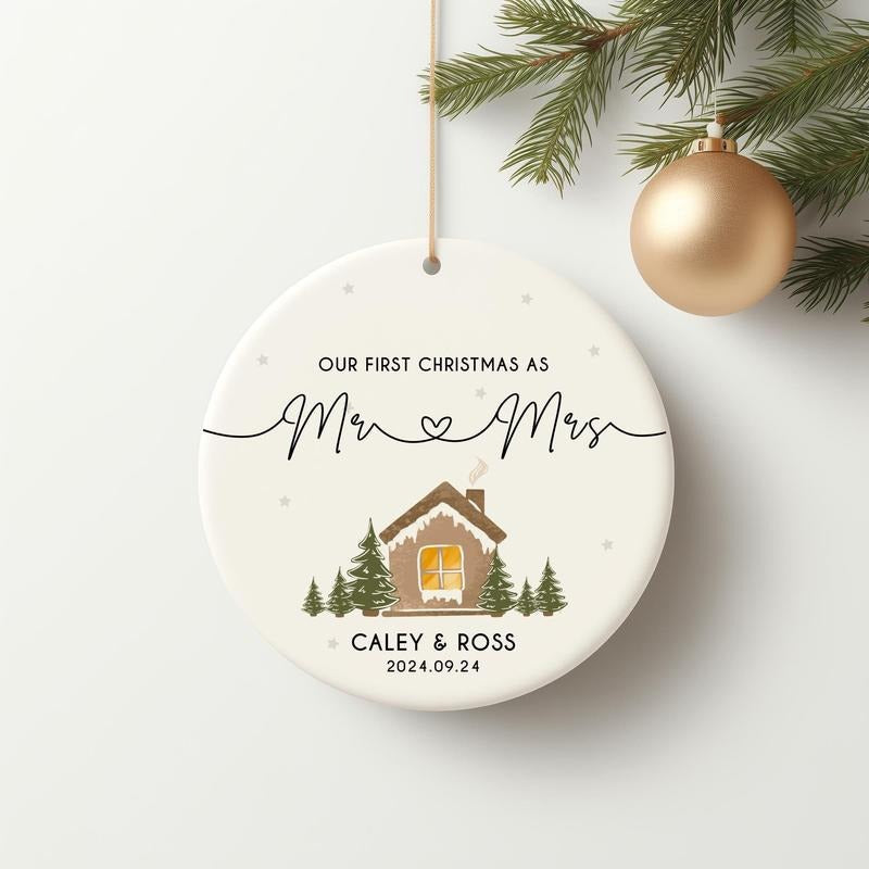 Our First Christmas Ornament Personalized Gift, 2024 Christmas Engaged Ceramic Ornament Decor, First Christmas as Mr Mrs
