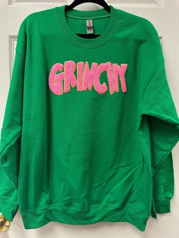 PINK Chenille Patch Sweatshirt -- KELLY GREEN