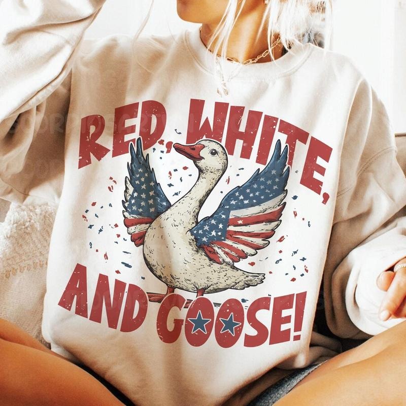 Patriotic Red White and Goose Crewneck Sweatshirt, Retro 4th of July Goose Coquette Bow Tee, Funny July 4th Independence Day Shirt, Patriotic Gift