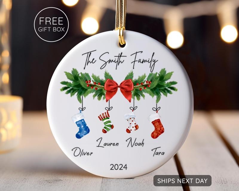 Personalized Family of 4 Ornament, Custom Family Stocking Ornament With Names and Year, New Family Christmas Gift 2024, Ceramic Keepsake