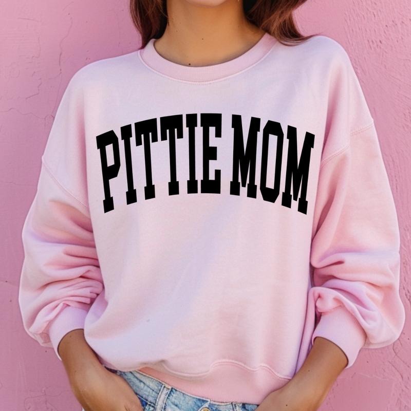 Pitbull Mom Varsity Sweatshirt, Trendy, College Font, Cute, Dog Mama, Crewneck