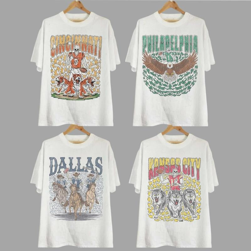 Retro Skeleton All Teams Football T-shirt, Gildan 5000 Unisex Crewneck Sport Classic T-Shirt All Teams Football, White Menswear Soft Tee