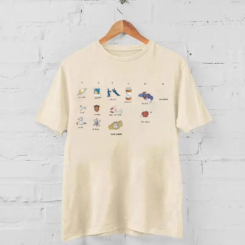 SZA Saturn Unisex T-shirt White 2024 New Release Breathable Casual Outfit Menswear Soft Top Tshirt Day Leggings Underwear Streetwear Fabric