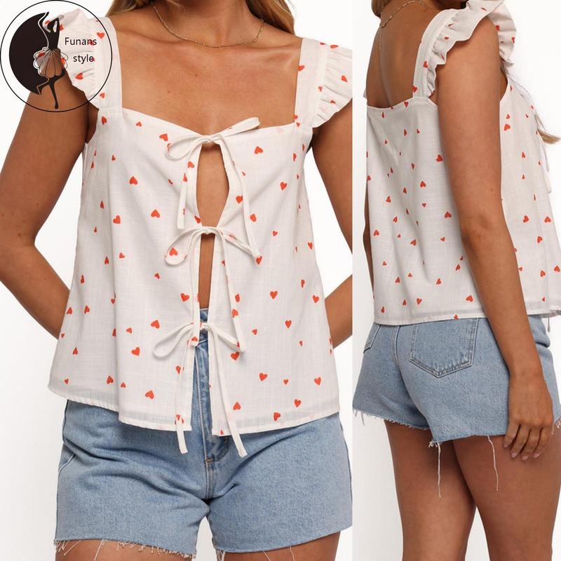 Women Casual Shirts Heart Print/Solid Color Fly Sleeve Tie-Up Front Blouses Summer Fashion Tops