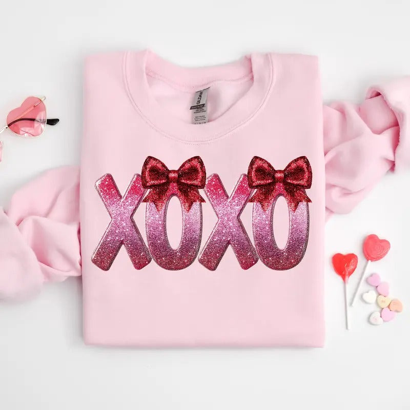 Sparkly Valentines Day Shirt Sweatshirt, Coquette Valentines Day Sweatshirt Xoxo Sweatshirt, Pink Red Faux Not Glitter Sweatshirt, Valentines Sweatshirt, Valentines Sweatshirt