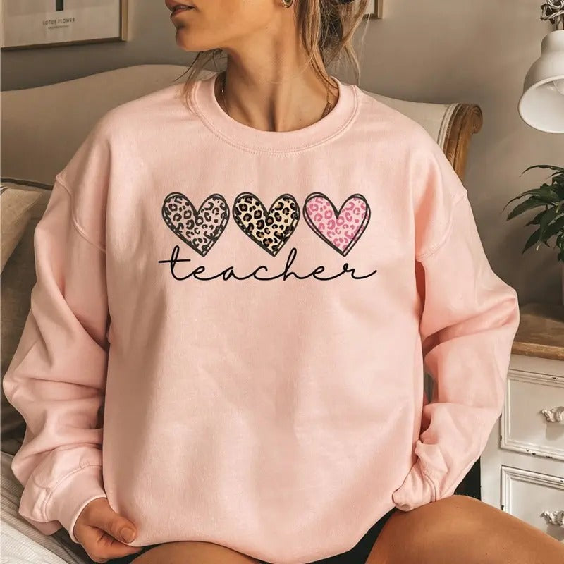 Teacher Sweatshirt, Teacher Crewneck, Teach T-Shirt, Leopard Hearts Teacher Sweatshirt, Perfect Gift For Educators