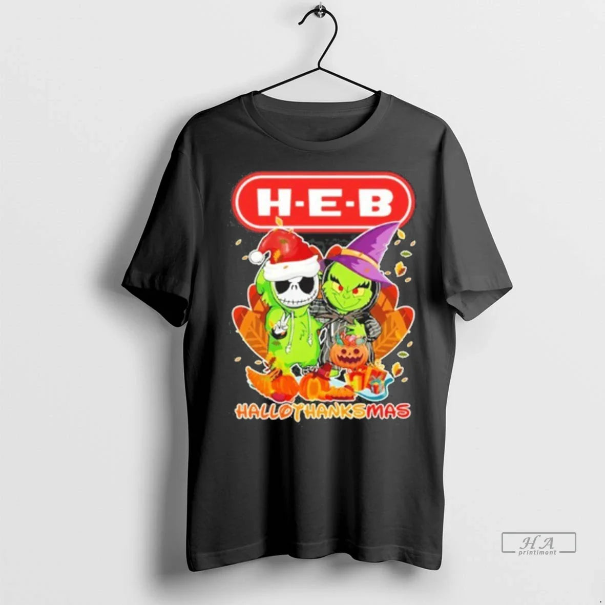 Trendy Officials The Grinch And Santa Jack H E B Logo Hallothanksmas Shirt Sweater