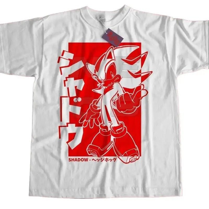 WHITE - The Hedgehog Japanese shirt, The Hedgehog Adventure 2, Dreamcast Japanese Streetwear, Shadow shirt  Crewneck Menswear T Shirt Casual Collar
