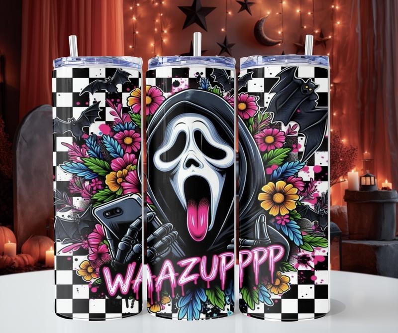 Waazuppp Horror Themed 20oz Tumbler with Lid and Straw Featuring Floral Design and spooky vibes