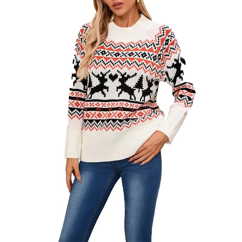 Women Comfy Christmas Sweaters Casual Elk Print Warm Long Sleeve Pullover Basic Knitwear for Fall Streetwear