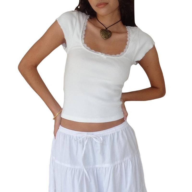 Women T-shirt, Short Sleeve Square Neck Lace Patchwork Bow Summer Tops Streetwear Womenswear Comfy